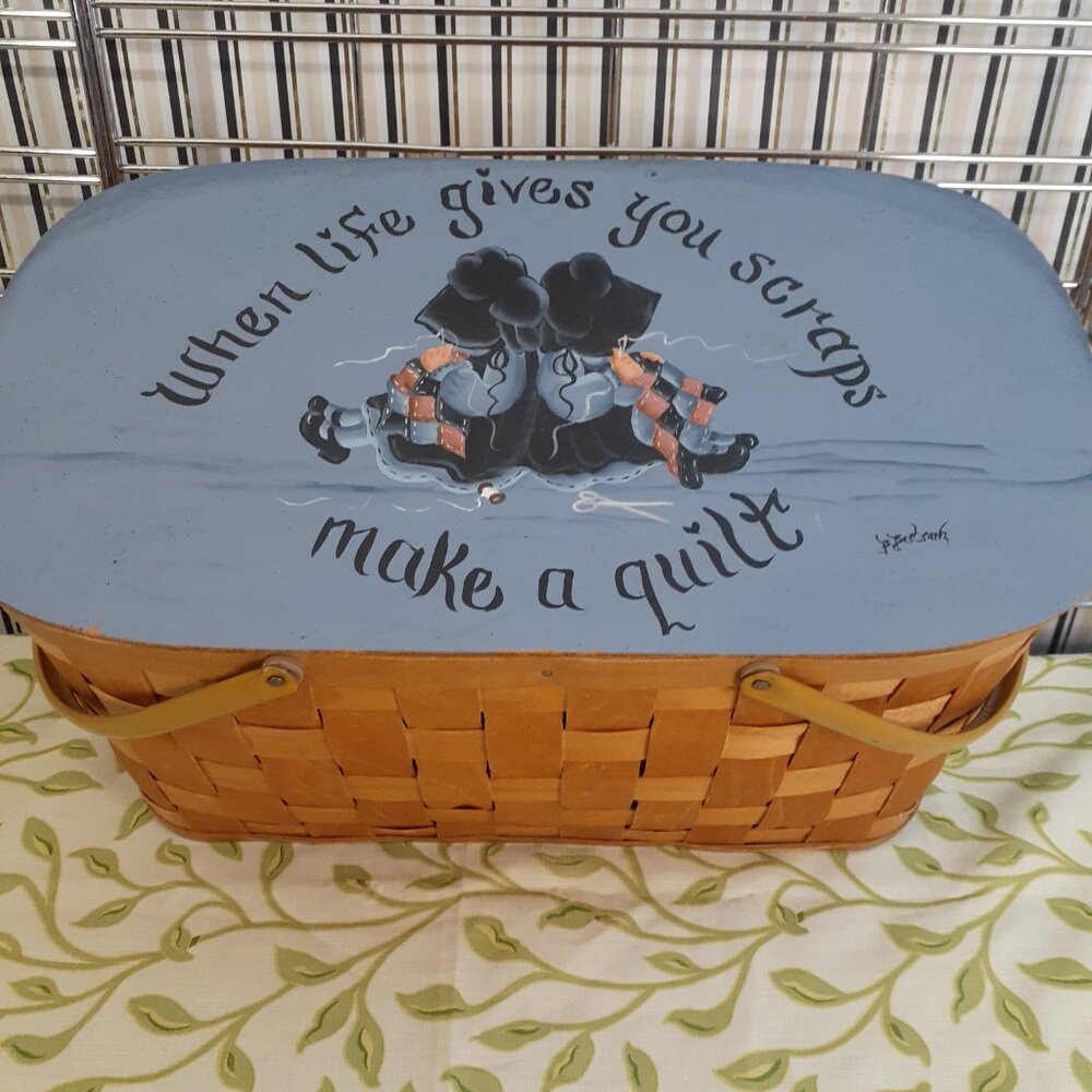 Vintage Woven Hand Painted  Picnic Gardening Craftkng Basket by B. Bertram 1980'